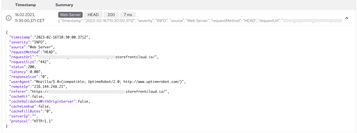 Alokai Console Instance logs table json object