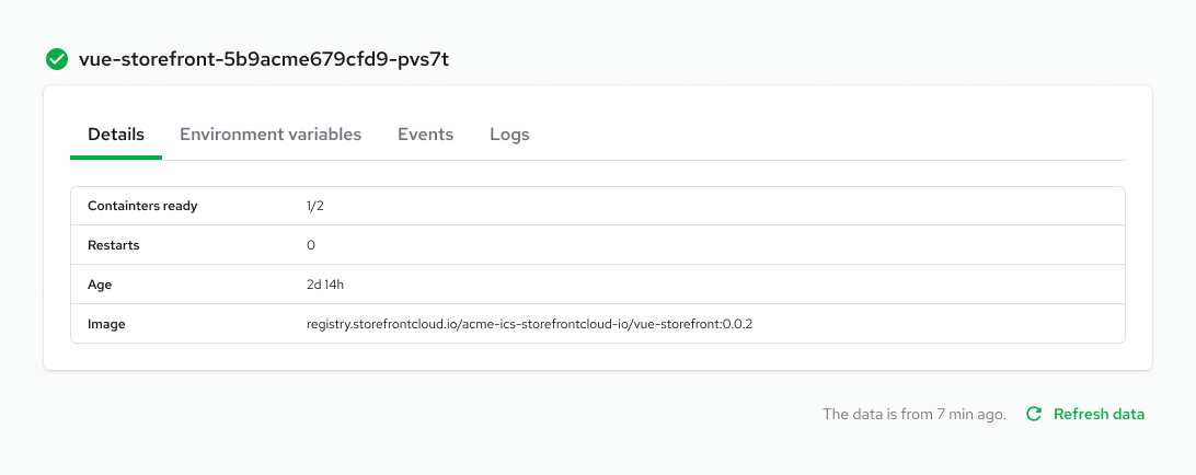 The Replica details page displays useful information about replica like details, environment variables, events, and logs.